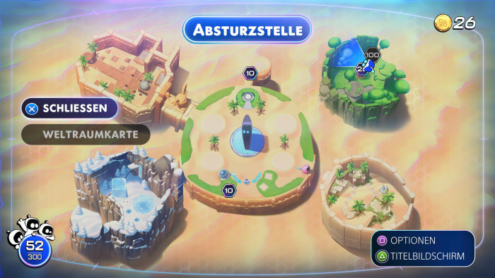 In der Mitte des zentralen Himmelskörpers befindet sich die abgestürzte Playstation 5 (mit den zwei hellblauen Punkten). (Bild: Sony / Screenshot: Golem.de)