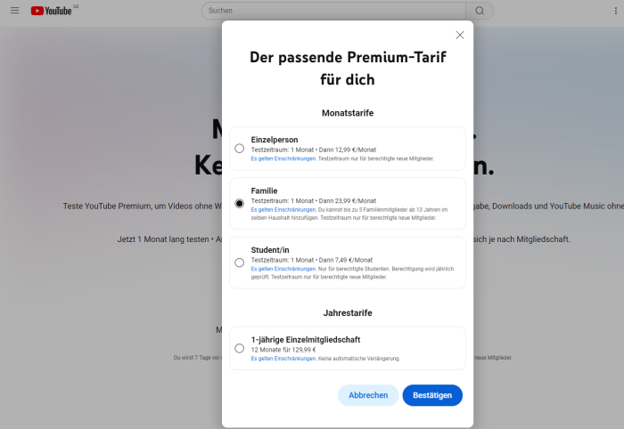Diese Tarife gibt es von Youtube Premium. (Bild: Youtube/Screenshot: Golem.de)