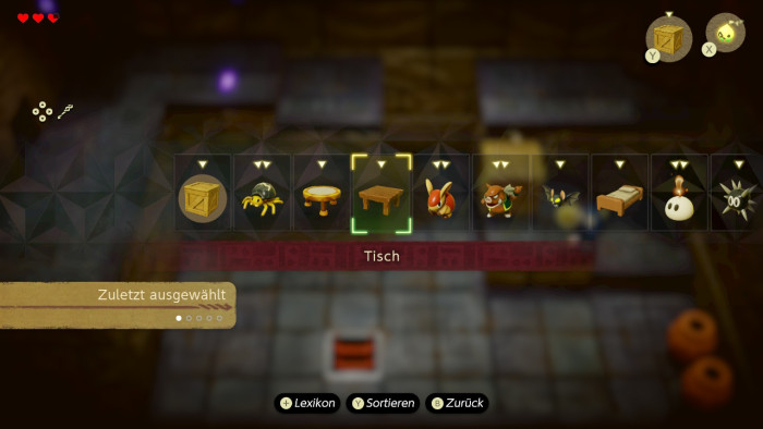 Das Menü mit den Gegenständen und Lebewesen, die Zelda herstellen kann. (Bild: Nintendo / Screenshot: Golem.de)