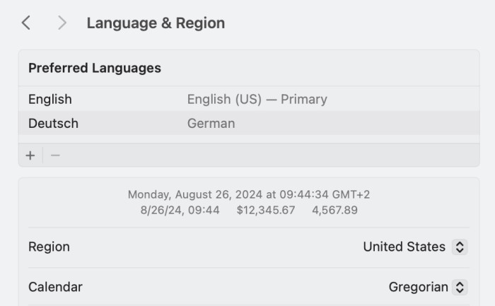 Um überhaupt auf Apple Intelligence zugreifen zu können, muss der Mac virtuell in die USA versetzt werden. (Screenshot: Christian Rentrop)