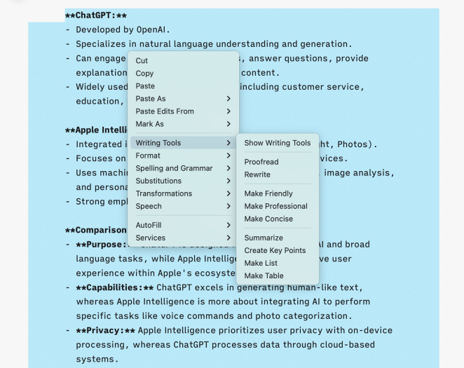 Praktisch und schon sehr funktional: Apples KI-Schreibhelfer (Screenshot: Christian Rentrop)