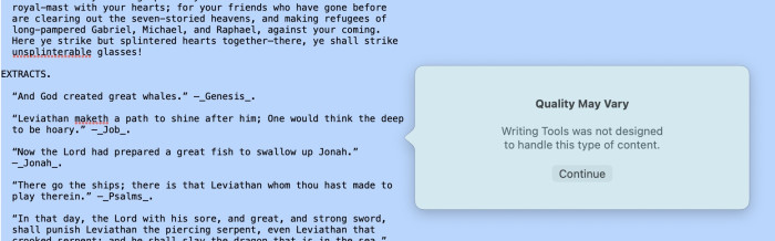 Bei sehr langen Texten kommt die Apple-KI ins Straucheln, überlastet aber zu keinem Zeitpunkt den Mac. (Screenshot: Christian Rentrop)