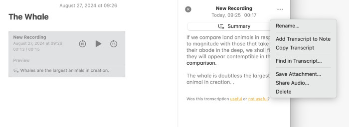 Die Transkript-Funktion der Notizen-App ist ausgesprochen praktisch. (Screenshot: Christian Rentrop)
