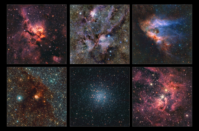 V.l.n.r. und v.o.n.u.: NGC 3576, NGC 6357, Messier 17, NGC 6188, Messier 22 und NGC 3603 (Credits: ESO/VVVX survey).