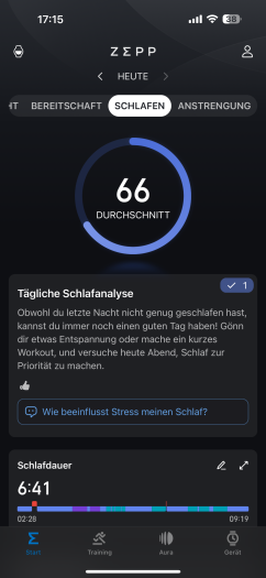 Die Schlafanalyse der T-Rex 3 in der Zepp-App (Bild: Amazfit / Screenshot: Golem.de)