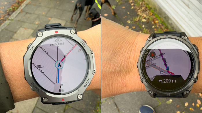 Links die Kartendarstellung bei Navigieren auf der T-Rex 3, rechts auf der Fenix 8