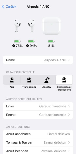 Die Einstellungen der Airpods 4 ANC zeigen den Ladestatus der Hörstöpsel und des Ladeetuis zweistellig an. (Bild: Apple/Screenshot: Golem.de)