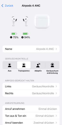 Neben dem ANC-Betrieb bieten die Airpods 4 ANC einen Transparenzmodus. (Bild: Apple/Screenshot: Golem.de)
