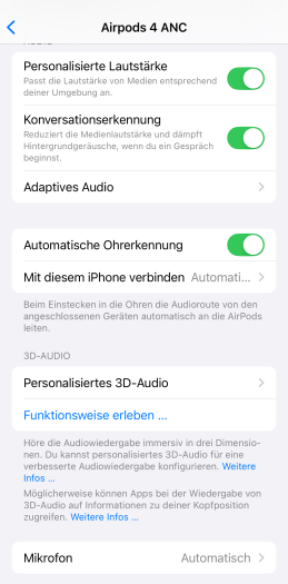 Alle diese Komforteinstellungen der Airpods 4 ANC funktionieren nicht, wenn ein Nicht-Apple-Produkt verwendet wird. (Bild: Apple/Screenshot: Golem.de)
