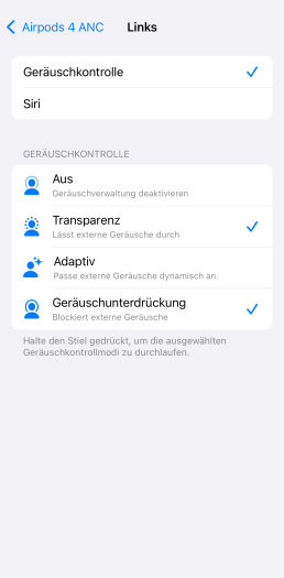 In den Einstellungen gibt es für beide Seiten der Airpods 4 ANC irritierenderweise getrennte Tastenbelegungen, ... (Bild: Apple/Screenshot: Golem.de)