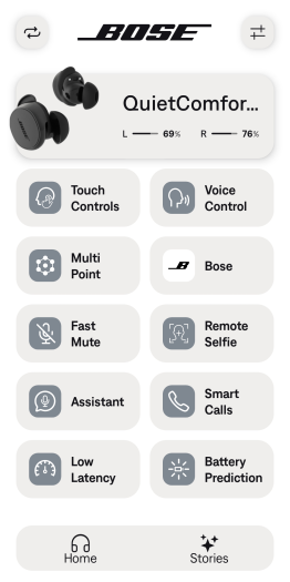 Je nach Displaygröße muss für alle Einträge auf dem Startbildschirm der Bose-App geblättert werden. (Bild: Bose/Screenshot: Golem.de)