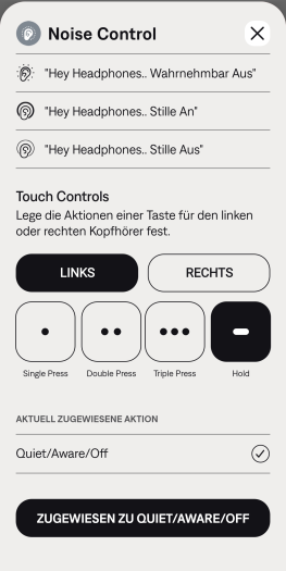 Der ANC-Modus der Quiet Comfort Earbuds 3 lässt sich nicht anpassen. (Bild: Bose/Screenshot: Golem.de)