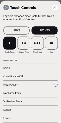 Die Sensorflächen der Quiet Comfort Earbuds 3 lassen sich anpassen. (Bild: Bose/Screenshot: Golem.de)