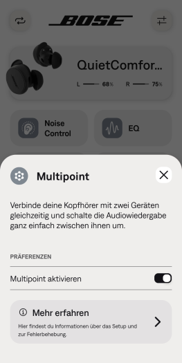 Bluetooth-Multipoint der Quiet Comfort Earbuds 3 können wir bei Bedarf abschalten. (Bild: Bose/Screenshot: Golem.de)