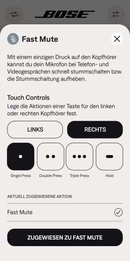 Die Stummschaltung des Mikrofons ist standardmäßig nicht als Geste hinterlegt. (Bild: Bose/Screenshot: Golem.de)