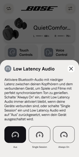 Bei Bedarf kann ein Low-Latency-Modus für die Quiet Comfort Earbuds 3 aktiviert werden. (Bild: Bose/Screenshot: Golem.de)