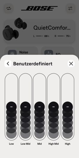 Zudem gibt es diese individuellen Equalizer-Einstellungen für die Quiet Comfort Earbuds 3 (Bild: Bose/Screenshot: Golem.de)