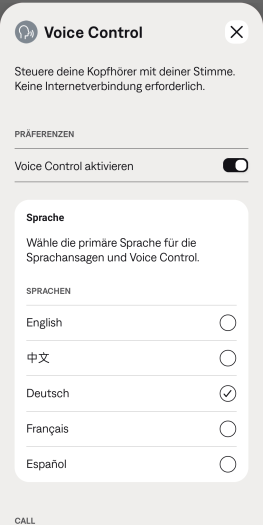 Die Sprache für die Sprachsteuerung der Quiet Comfort Earbuds 3 lässt sich ändern. (Bild: Bose/Screenshot: Golem.de)