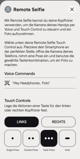 Die Quiet Comfort Earbuds 3 können als Fernauslöser für die Smartphone-Kamera dienen. (Bild: Bose/Screenshot: Golem.de)