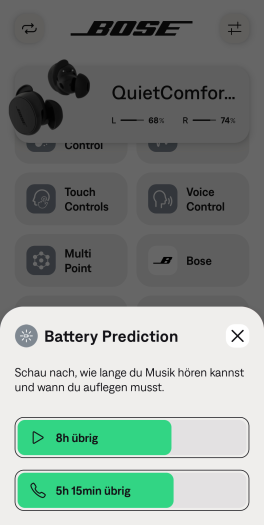 Hier gibt es eine Schätzung zur restlichen Akkulaufzeit der Quiet Comfort Earbuds 3 (Bild: Bose/Screenshot: Golem.de)
