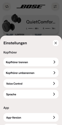 Weitere Einstellungen der Quiet Comfort Earbuds 3 befinden sich in einem weiteren Untermenü. (Bild: Bose/Screenshot: Golem.de)
