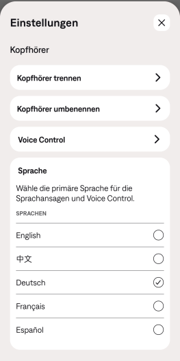 Die Sprache für die Sprachansagen der Quiet Comfort Earbuds 3 lässt sich ändern, die Funktion kann aber nicht abgeschaltet werden. (Bild: Bose/Screenshot: Golem.de)