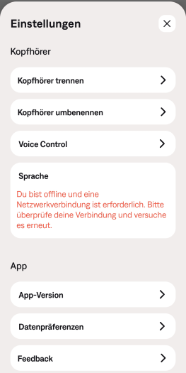 Vorbildlich gelöst: Ein klarer Hinweis, warum sich die Sprache nicht ändern lässt. (Bild: Bose/Screenshot: Golem.de)