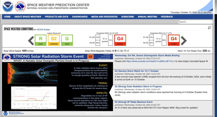 NOAA-Warnungen vor geomagnetischen Stürmen für die nächsten Tage (Bild: NOAA / Screenshot: Mario Keller)