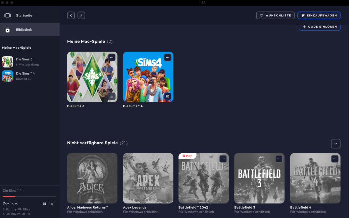 In der EA-App besitzen wir nur zwei Titel, die auf unserem Mac laufen sollen. (Bild: Martin Böckmann/Golem.de)