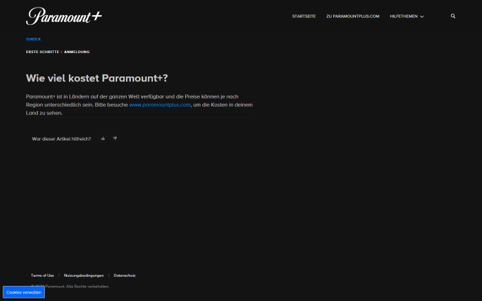 Auch ein Hilfeartikel liefert keine Preisangaben für Paramount+. (Bild: Paramount/Screenshot: Golem.de)