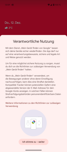 Google weist bei der Einrichtung darauf hin, dass Stalking mit einem Tracker eine Straftat darstellt. (Bild: Tobias Költzsch/Golem.de)