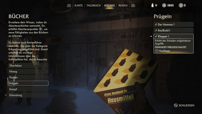 Wenn Indy eines der vielen Fähigkeiten-Bücher findet und genug Geld hat, kann er sein Können etwa bei Kämpfen verbessern. (Bild: Bethesda / Screenshot: Golem.de)