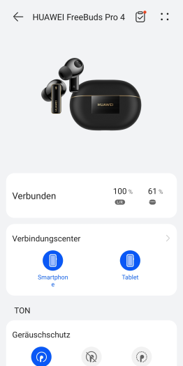 Die AI-Life-App für die Freebuds Pro 4 zeigen den Akkustand präzise an. (Bild: Huawei/Screenshot: Golem.de)
