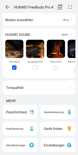 Hier lassen sich die Freebuds Pro 4 einstellen. (Bild: Huawei/Screenshot: Golem.de)