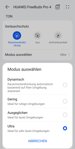 Diese vier ANC-Modi stehen bei den Freebuds Pro 4 zur Wahl. (Bild: Huawei/Screenshot: Golem.de)