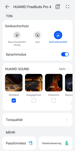 Es gibt zwei Transparenzmodi für die Freebuds Pro 4. (Bild: Huawei/Screenshot: Golem.de)