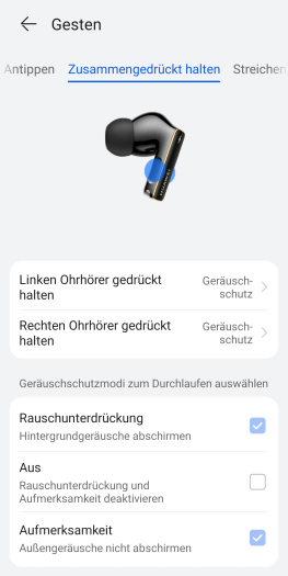 Gut gelöst: Wir können direkt zwischen ANC- und Transparenzmodus wechseln. (Bild: Huawei/Screenshot: Golem.de)