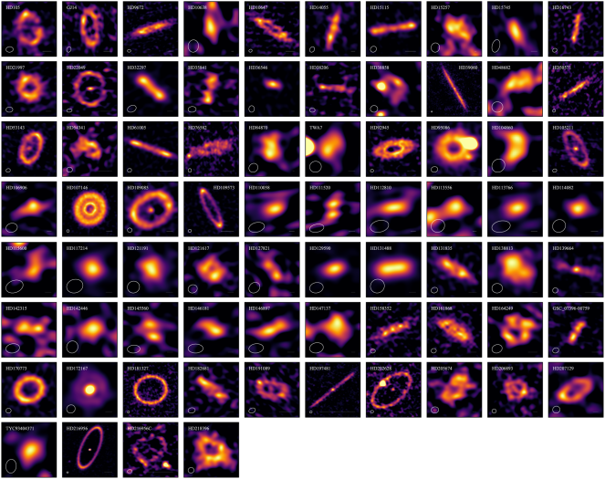 Aufnahmen der 74 entdeckten Kometenringe (credits: L. Matrà, S. Marino2, D. J. Wilner, et al.).