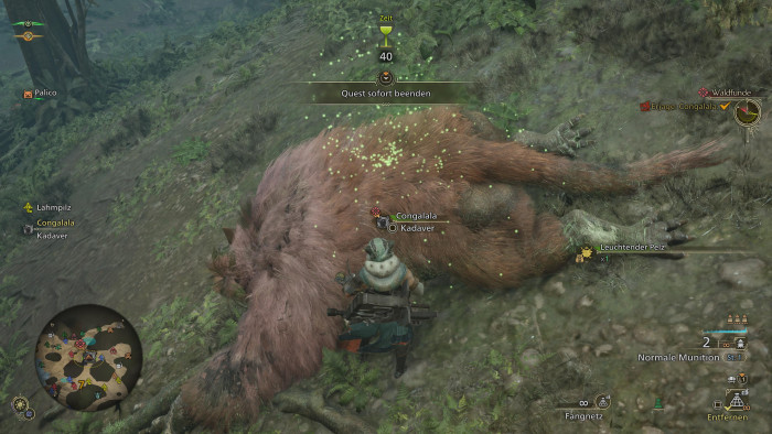 Auch das gehört zur Jagd: Nach gewonnenem Kampf plündern wir den Kadaver - hier den des Affen. (Bild: Capcom / Screenshot: Golem.de)