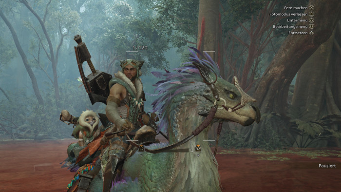 Im Fotomodus machen wir ein Bild von Held und Reittier. (Bild: Capcom / Screenshot: Golem.de)