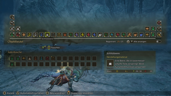 Die Kämpfe in Wilds sind schnell - aber Zeit für die Verwaltung wichtiger Objekte ist meist doch vorhanden. (Bild: Capcom / Screenshot: Golem.de)