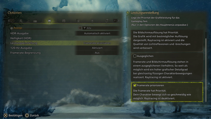 Das Grafikmenü der Playstation 5 Pro; generell hat Wilds sehr viele einstellbare Optionen. (Bild: Capcom / Screenshot: Golem.de)