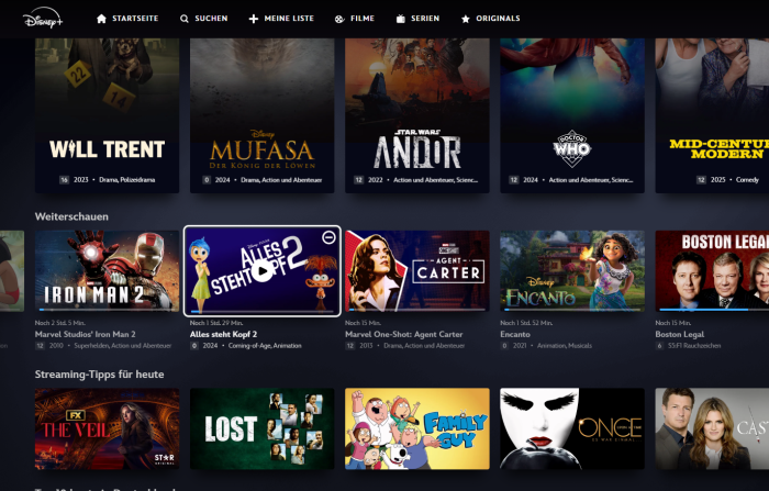 Einzelne Einträge aus der Weiterschauen-Liste lassen sich neuerdings bei Disney+ entfernen. (Bild: Disney/Screenshot: Golem.de)