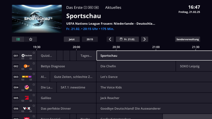 Der EPG von Waipu TV (Bild: Exaring)