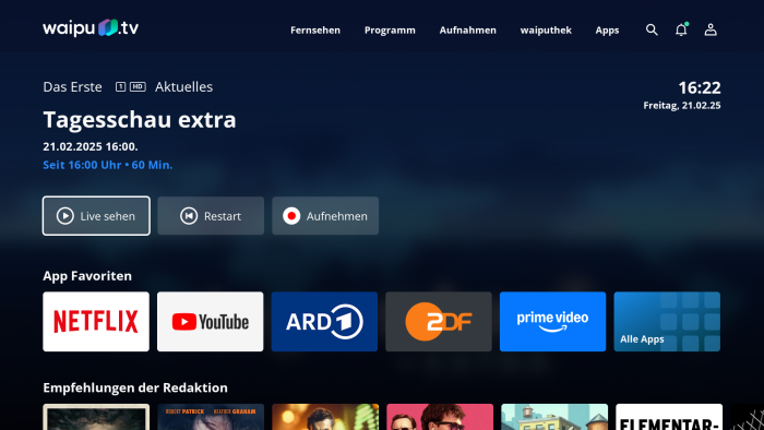 Der Startbildschirm von Waipu TV (Bild: Exaring)