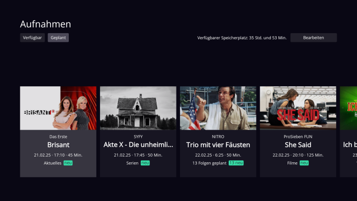 Hier werden Aufnahmen in Waipu TV verwaltet. (Bild: Exaring)