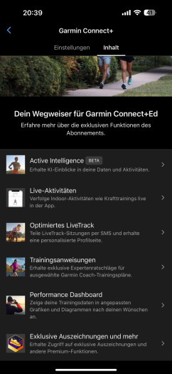 Übersicht der Elemente von Garmin Connect+ in der App (Bild: Garmin/Screenshot: Golem.de)