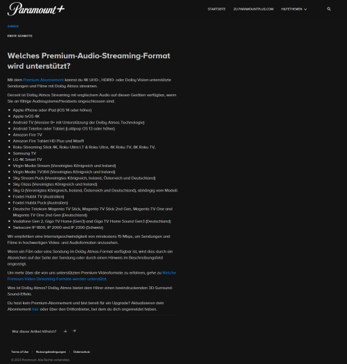 Nur auf dieser Hilfe-Seite räumt Paramount ein, dass das Premium-Abo von Paramount+ keine deutsche Tonspur in Dolby Atmos bereitstellt. (Bild: Paramount/Screenshot: Golem.de)
