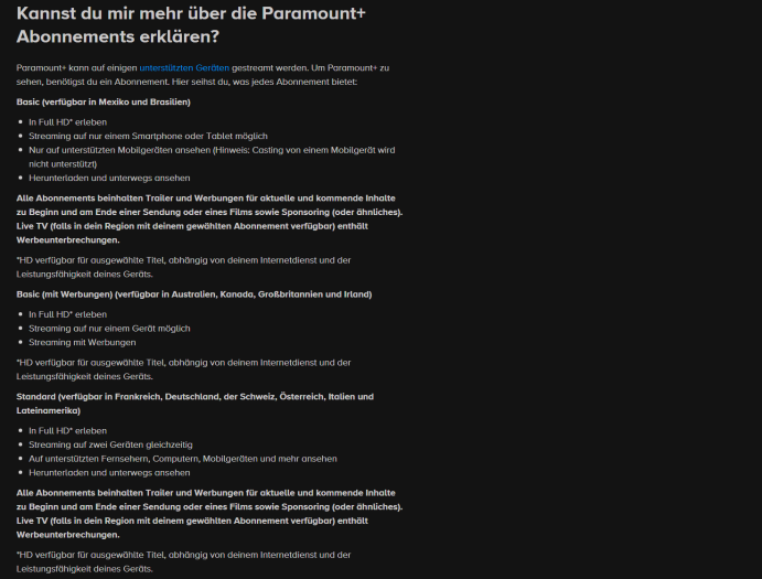 In diesem Hilfeartikel zu allen Abos von Paramount+ werden auch Abos aufgelistet, die es in Deutschland nicht gibt. (Bild: Paramount/Screenshot: Golem.de)