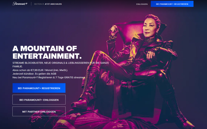 Auf der Homepage von Paramount+ gibt es keinen Hinweis auf das neue Premiumabo. (Bild: Paramount/Screenshot: Golem.de)